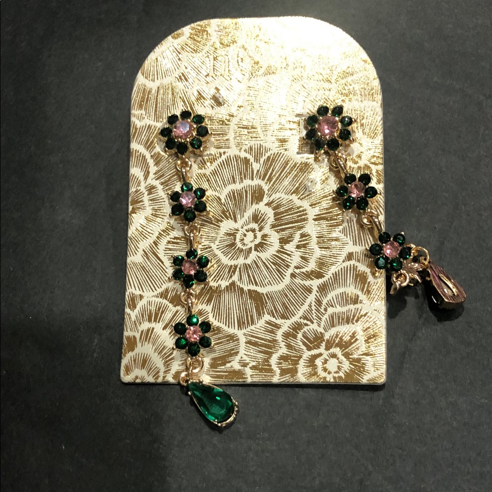 Green emerald pink tourmaline‎ centered flower dangling earrings new